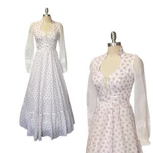 Gunne Sax White Floral Corset Maxi Dress Size 11 S Vintage 70s Prairie Calico